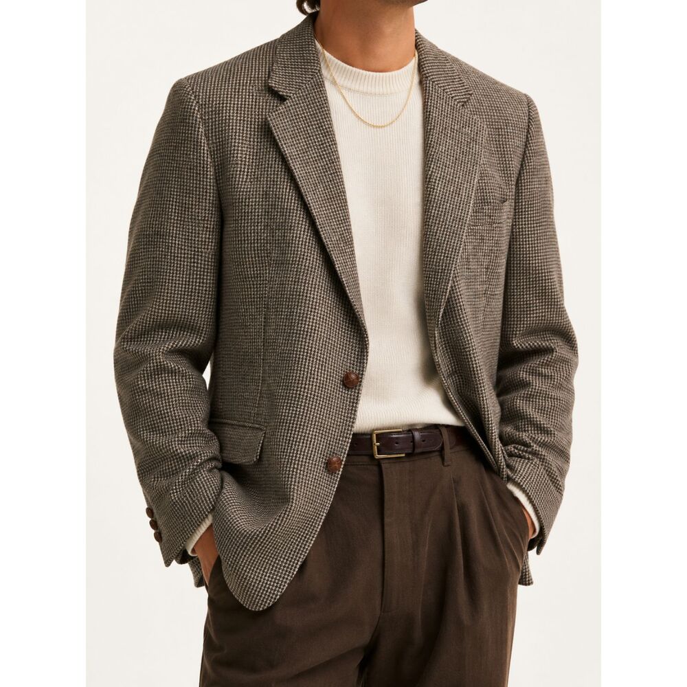 Vintage Stafford 44L 100% Wool Houndstooth Blazer USA Made Brown Sport Coat Fall